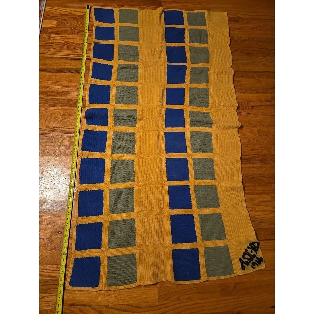 Vintage Crochet Afghan Throw Blanket Handmade 65x36 Yellow Blue Green 1966